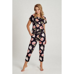 3136 PEONY Пижама женская со штанами Черный + розовый